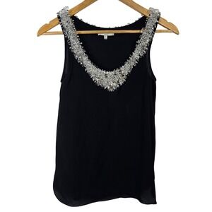 Adam Lippes Black Sleeveless Beaded‎ V Neck Silk Top Women Size 0
